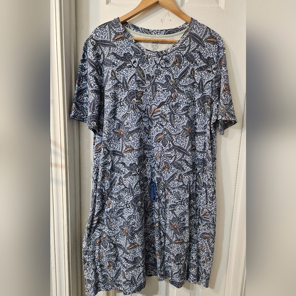 Tory Burch Floral Drawstring Cotton Dress Blue Haven - Picture 2 of 5
